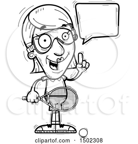 Clipart of a Black and White Talking Senior Woman Racquetball Player - Royalty Free Vector Illustration by Cory Thoman