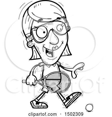 Clipart of a Black and White Walking Senior Woman Racquetball Player - Royalty Free Vector Illustration by Cory Thoman