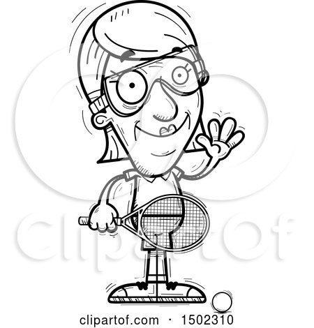 Clipart of a Black and White Waving Senior Woman Racquetball Player - Royalty Free Vector Illustration by Cory Thoman