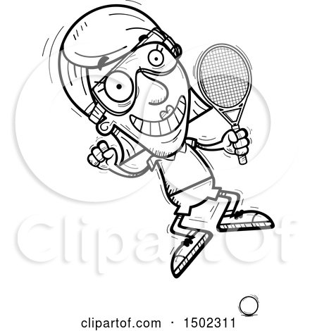 Clipart of a Black and White Jumping Senior Woman Racquetball Player - Royalty Free Vector Illustration by Cory Thoman