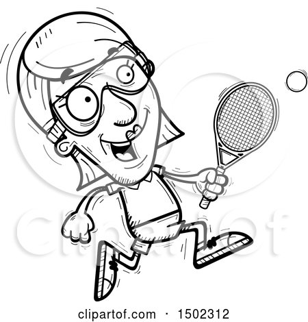 Clipart of a Black and White Running Senior Woman Racquetball Player - Royalty Free Vector Illustration by Cory Thoman