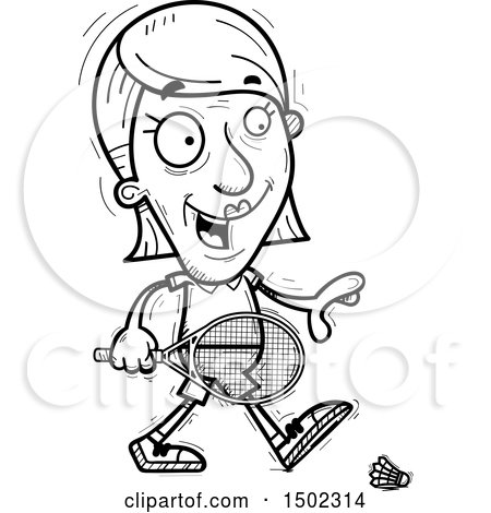 Clipart of a Black and White Walking Senior Woman Badminton Player - Royalty Free Vector Illustration by Cory Thoman