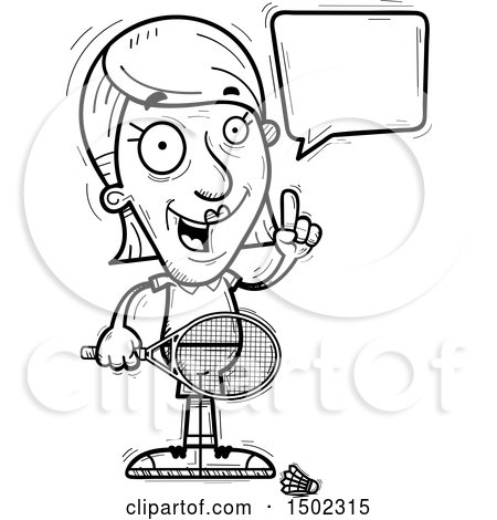Clipart of a Black and White Talking Senior Woman Badminton Player - Royalty Free Vector Illustration by Cory Thoman