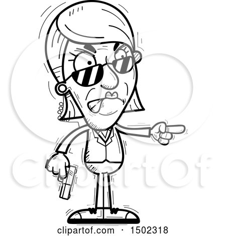Clipart of a Black and White Mad Pointing Senior Woman Secret Service Agent - Royalty Free Vector Illustration by Cory Thoman