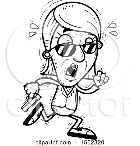 Clipart of a Black and White Tired Running Senior Woman Secret Service Agent - Royalty Free Vector Illustration by Cory Thoman