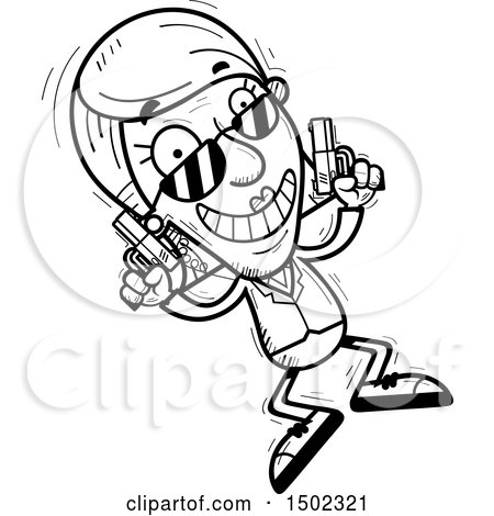 Clipart of a Black and White Jumping Senior Woman Secret Service Agent - Royalty Free Vector Illustration by Cory Thoman