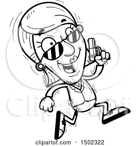 Clipart of a Black and White Running Senior Woman Secret Service Agent - Royalty Free Vector Illustration by Cory Thoman