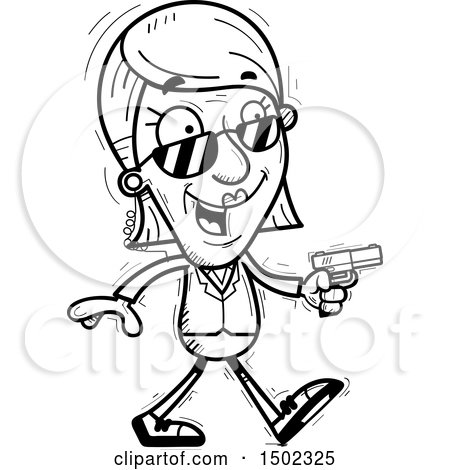 Clipart of a Black and White Walking Senior Woman Secret Service Agent - Royalty Free Vector Illustration by Cory Thoman