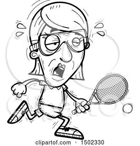 Clipart of a Black and White Tired Senior Woman Racquetball Player - Royalty Free Vector Illustration by Cory Thoman