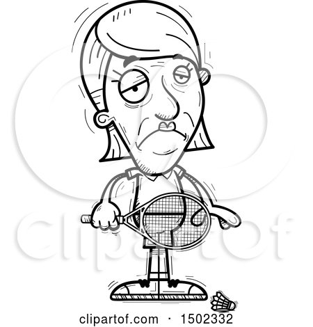 Clipart of a Black and White Sad Senior Woman Badminton Player - Royalty Free Vector Illustration by Cory Thoman