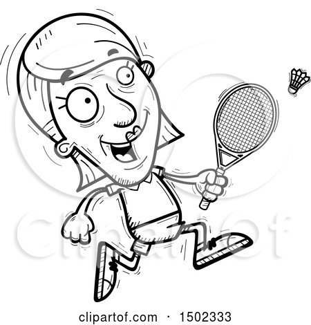 Clipart of a Black and White Running Senior Woman Badminton Player - Royalty Free Vector Illustration by Cory Thoman