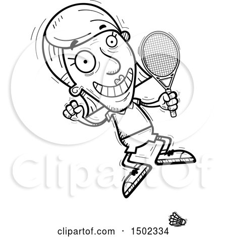 Clipart of a Black and White Jumping Senior Woman Badminton Player - Royalty Free Vector Illustration by Cory Thoman