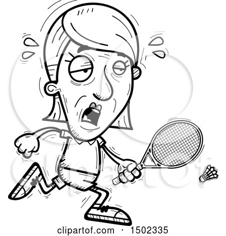 Clipart of a Black and White Tired Senior Woman Badminton Player - Royalty Free Vector Illustration by Cory Thoman