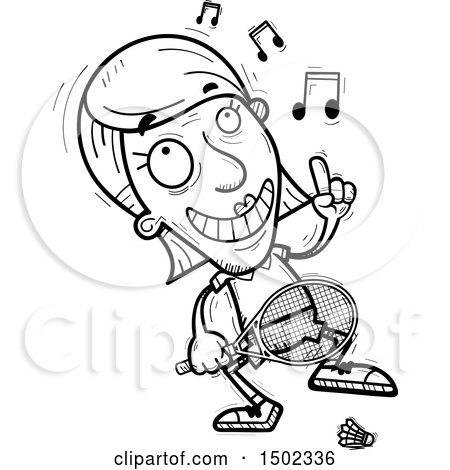 Clipart of a Black and White Happy Dancing Senior Woman Badminton Player - Royalty Free Vector Illustration by Cory Thoman
