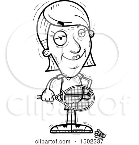 Clipart of a Black and White Confident Senior Woman Badminton Player - Royalty Free Vector Illustration by Cory Thoman