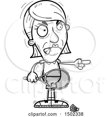 Clipart of a Black and White Mad Pointing Senior Woman Badminton Player - Royalty Free Vector Illustration by Cory Thoman