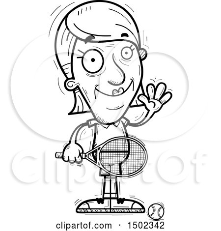 Clipart of a Black and White Waving Senior Woman Tennis Player - Royalty Free Vector Illustration by Cory Thoman