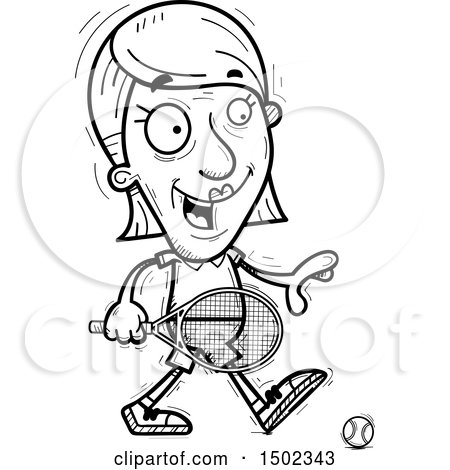 Clipart of a Black and White Walking Senior Woman Tennis Player - Royalty Free Vector Illustration by Cory Thoman