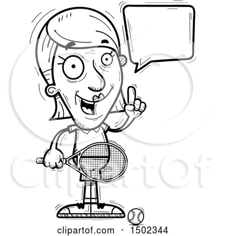 Clipart of a Black and White Talking Senior Woman Tennis Player - Royalty Free Vector Illustration by Cory Thoman