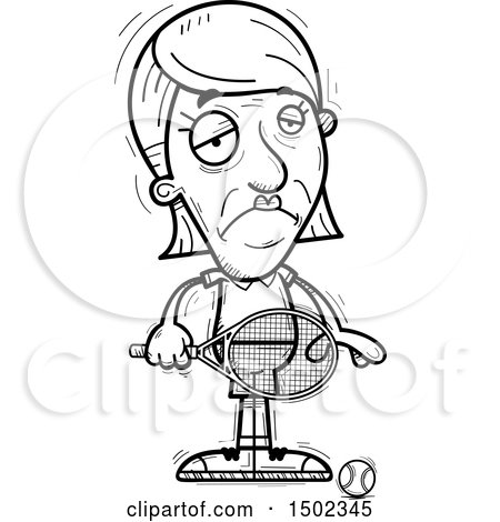 Clipart of a Black and White Sad Senior Woman Tennis Player - Royalty Free Vector Illustration by Cory Thoman