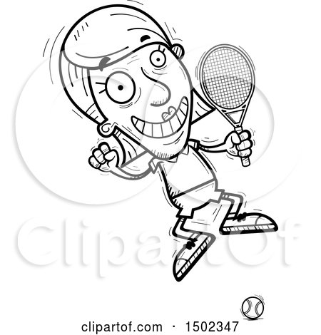 Clipart of a Black and White Jumping Senior Woman Tennis Player - Royalty Free Vector Illustration by Cory Thoman