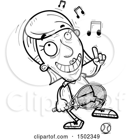 Clipart of a Black and White Happy Dancing Senior Woman Tennis Player - Royalty Free Vector Illustration by Cory Thoman