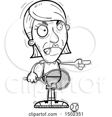 Clipart of a Black and White Mad Pointing Senior Woman Tennis Player - Royalty Free Vector Illustration by Cory Thoman