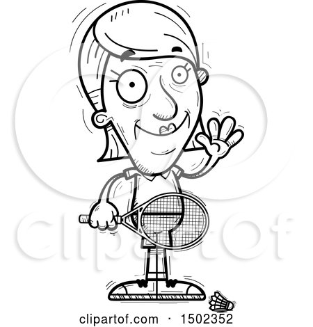 Clipart of a Black and White Waving Senior Woman Badminton Player - Royalty Free Vector Illustration by Cory Thoman