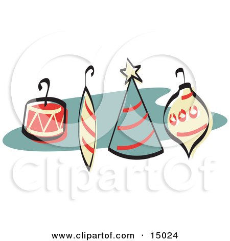 Four Colorful Tree Ornaments With Hooks Retro Clipart Illustration by Andy Nortnik