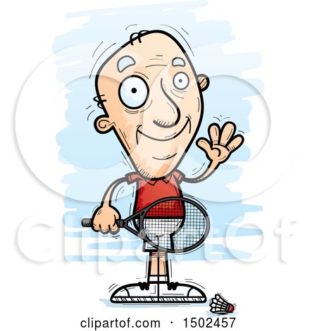 Clipart of a Waving Caucasian Senior Man Badminton Player - Royalty Free Vector Illustration by Cory Thoman