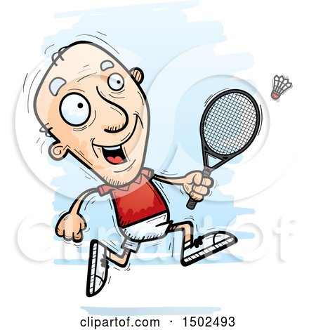 Clipart of a Running Caucasian Senior Man Badminton Player - Royalty Free Vector Illustration by Cory Thoman