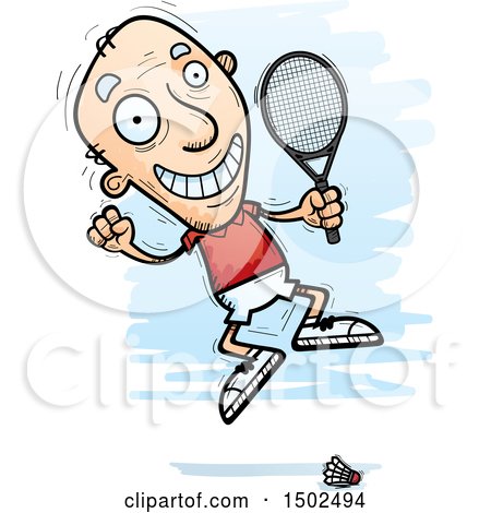 Clipart of a Jumping Caucasian Senior Man Badminton Player - Royalty Free Vector Illustration by Cory Thoman