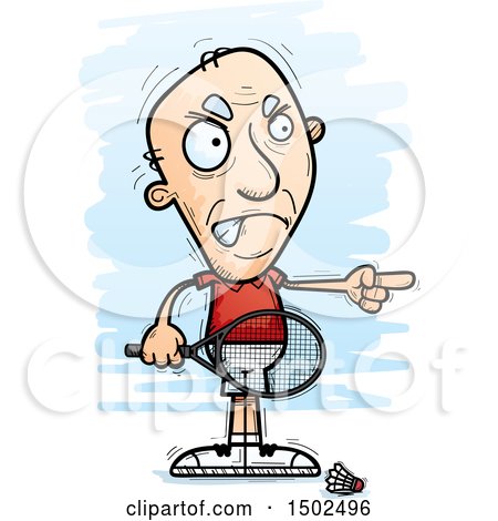 Clipart of a Mad Pointing Caucasian Senior Man Badminton Player - Royalty Free Vector Illustration by Cory Thoman