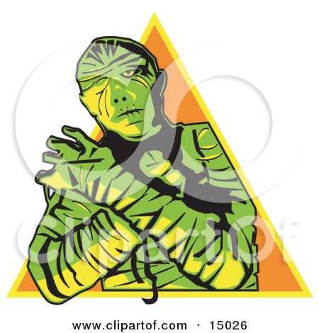 Mummy Wrapped Up With His Arms Crossed In Front Of Him And Cast In Green And Yellow Lighting Over An Orange Triangle  Posters, Art Prints
