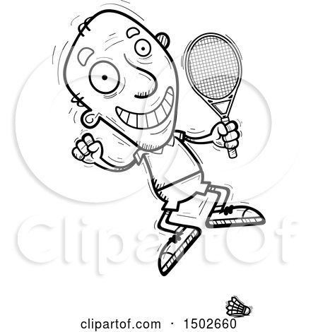 Clipart of a Jumping  Senior Man Badminton Player - Royalty Free Vector Illustration by Cory Thoman