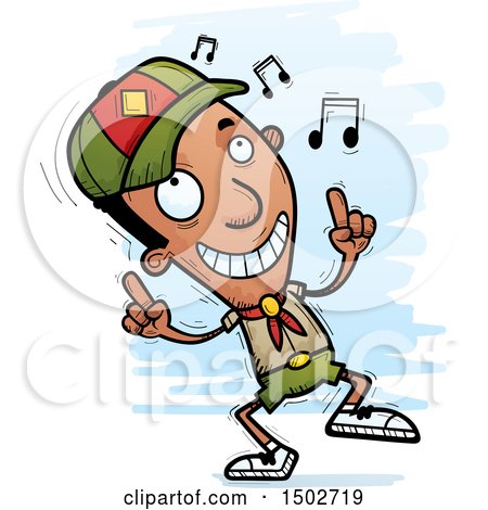 Clipart of a Black Male Scout Doing a Happy Dance - Royalty Free Vector Illustration by Cory Thoman