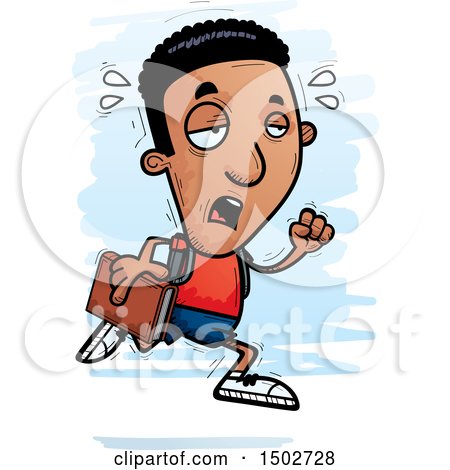 Clipart of a Tired Running Black Male Community College Student - Royalty Free Vector Illustration by Cory Thoman