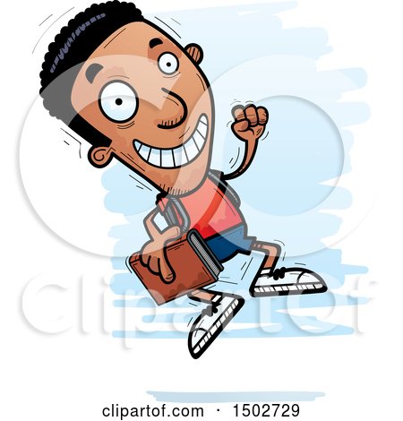 Clipart of a Jumping Black Male Community College Student - Royalty Free Vector Illustration by Cory Thoman