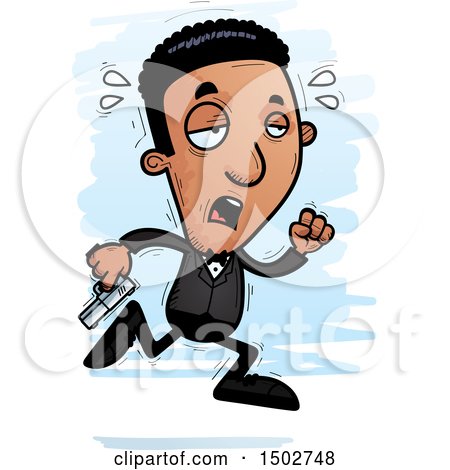 Clipart of a Tired Running African American Male Spy or Secret Service Agent - Royalty Free Vector Illustration by Cory Thoman