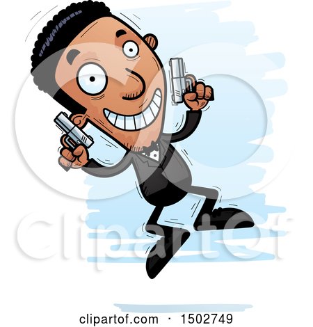 Clipart of a Jumping African American Male Spy or Secret Service Agent - Royalty Free Vector Illustration by Cory Thoman