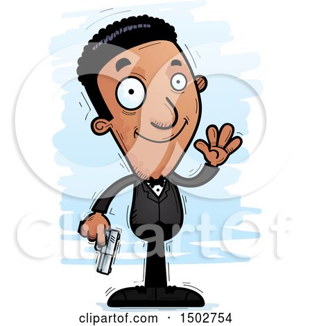 Clipart of a Waving African American Male Spy or Secret Service Agent - Royalty Free Vector Illustration by Cory Thoman