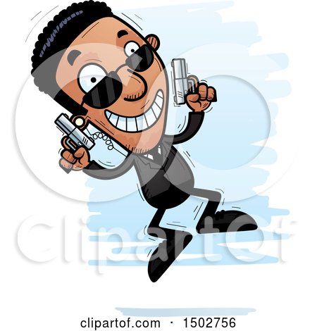 Clipart of a Jumping African American Male Secret Service Agent - Royalty Free Vector Illustration by Cory Thoman