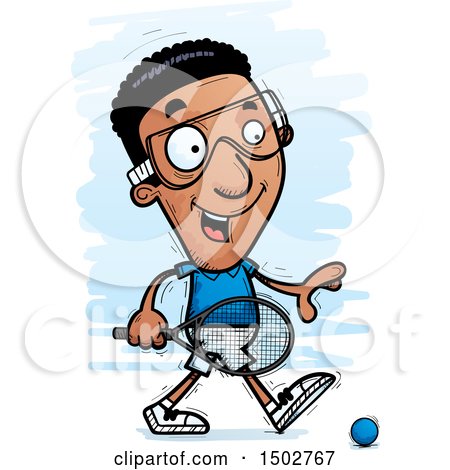 Clipart of a Walking African American Man Racquetball Player - Royalty Free Vector Illustration by Cory Thoman