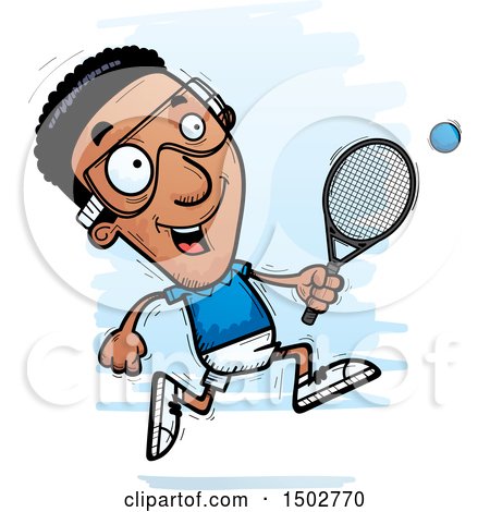 Clipart of a Running African American Man Racquetball Player - Royalty Free Vector Illustration by Cory Thoman