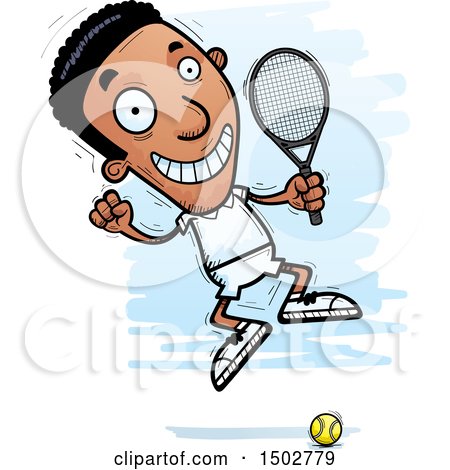 Clipart of a Jumping African American Male Tennis Player - Royalty Free Vector Illustration by Cory Thoman