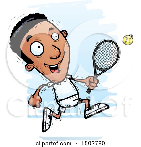 Clipart of an African American Man Playing Tennis and Running - Royalty Free Vector Illustration by Cory Thoman