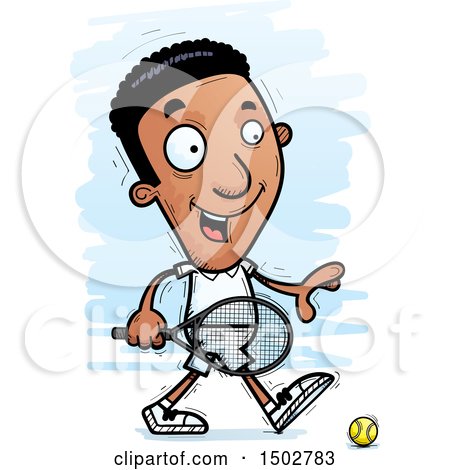 Clipart of a Walking African American Male Tennis Player - Royalty Free Vector Illustration by Cory Thoman