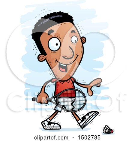 Clipart of a Walking African American Man Badminton Player - Royalty Free Vector Illustration by Cory Thoman