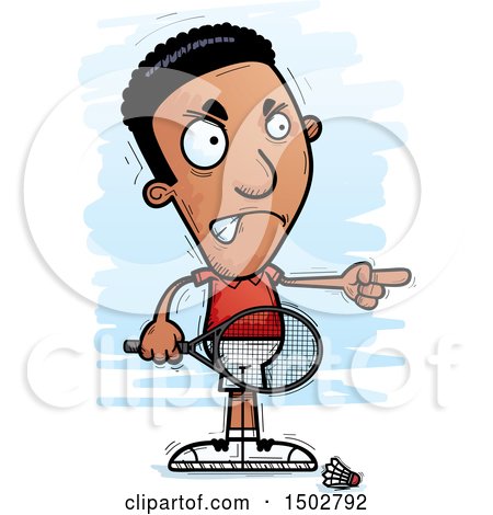 Clipart of an Angry Pointing African American Man Badminton Player - Royalty Free Vector Illustration by Cory Thoman