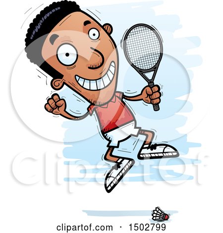 Clipart of a Jumping African American Man Badminton Player - Royalty Free Vector Illustration by Cory Thoman